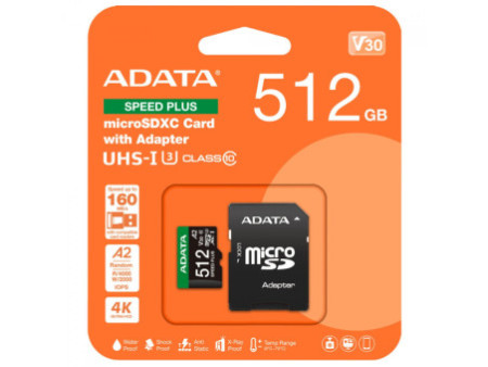 Cartão De Memória Adata Speed Plus MicroSDXC UHS-I, 256GB, Classe 10, Com Adaptador, UD256GUI3V30A2SP-RA1