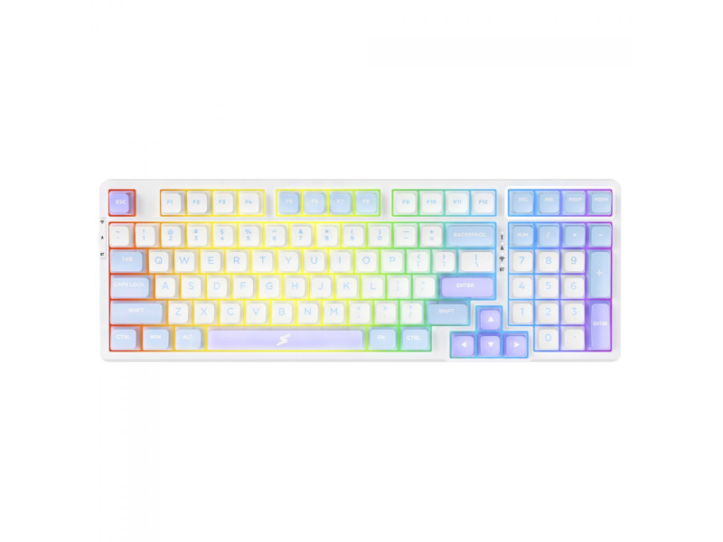 Teclado Gamer Mecânico SuperFrame Fusion Pro, RGB, Wireless/Bluetooth, Switch Kailh Box Ice Cream, Branco/Roxo e Rosa  - Open Bo