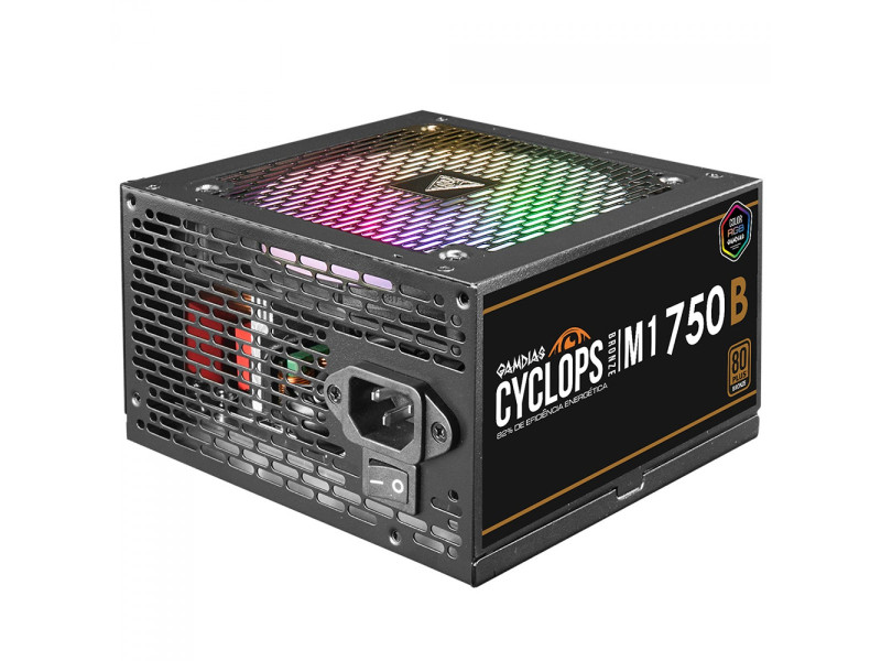 Fonte Gamdias Cyclops M1-750B, 750W, RGB, 80 Plus Bronze, Cybenetics, Teclab, PFC Ativo, Cabos Flat Fonte Gamdias Cyclops M1-750B, 750W, RGB, 80 Plus Bronze, Cybenetics, Teclab, PFC Ativo, Cabos Flat