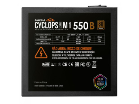 Fonte Gamdias Cyclops M1-550B, 550W, RGB, 80 Plus Bronze, Cybenetics, Teclab, PFC Ativo, Cabos Flat