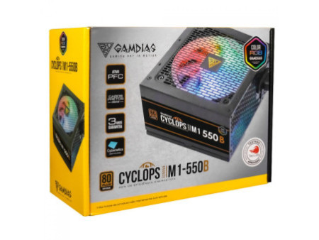 Fonte Gamdias Cyclops M1-550B, 550W, RGB, 80 Plus Bronze, Cybenetics, Teclab, PFC Ativo, Cabos Flat