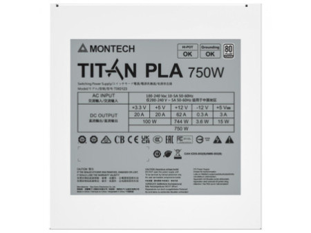 Fonte Montech Titan PLA, 750W, 80 Plus Platinum, PFC Ativo, ATX 3.1, PCIe 5.1, Full Modular, White
