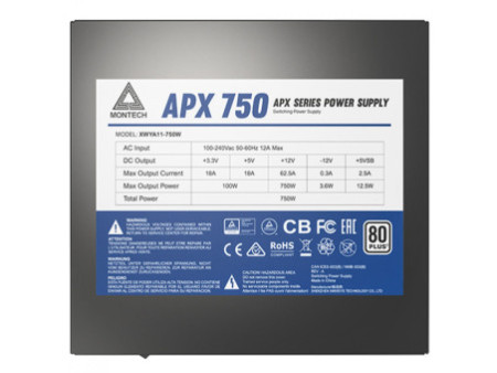 Fonte Montech APX750, 750W, 80 Plus White, PFC Ativo, Preto