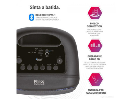 Caixa de Som Amplificada Philco PCX3800 Flash Lights, Bluetooth, 250W, Múltiplas Conexões, Preto