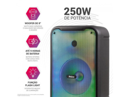 Caixa de Som Amplificada Philco PCX3800 Flash Lights, Bluetooth, 250W, Múltiplas Conexões, Preto