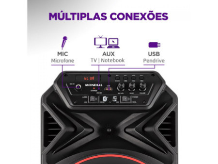 Caixa de Som Amplificada Mondial Connect Partyplus, Bluetooth, 250W, Múltiplas Conexões, Preto, CM-250