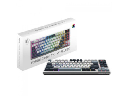 Teclado Mecânico Gamer MSI Forge GK600 SKY, RGB, Wireless/Bluetooth, ANSI, TKL, Switch Linear, Branco e Cinza