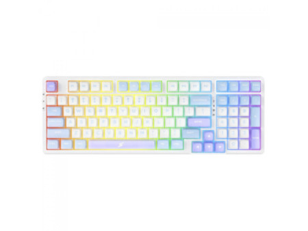 Teclado Gamer Mecânico SuperFrame Fusion Pro, RGB, Wireless/Bluetooth, Switch Kailh Box Ice Cream, Branco/Azul e Rosa