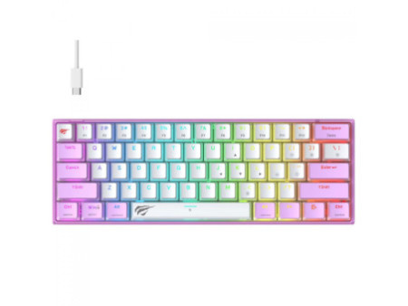 Teclado Mecânico Gamer Havit KB877L, RGB, Switch Content Red, USB, 60%, ANSI, Roxo E Branco, KB877WP