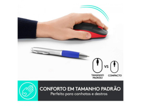 Mouse Logitech M190, Sem Fio, 1000 DPI, 3 Botões, Preto e Vemelho