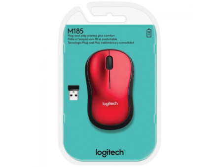 Mouse Logitech M185 Sem fio, 1000 DPI, Wireless, Preto/Vermelho, 910-003635
