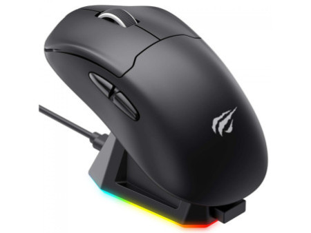Mouse Gamer Havit MS979WB, Wireless/Bluetooth, 26000 DPI, 6 Botões, PMW3395, Com Dock de Carregamento RGB, Preto