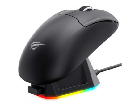 Mouse Gamer Havit MS979WB, Wireless/Bluetooth, 26000 DPI, 6 Botões, PMW3395, Com Dock de Carregamento RGB, Preto