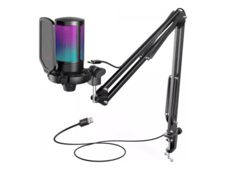 Microfone Gamer Fifine Ampligame A6T, RGB, USB, Black, Com Braço Articulado