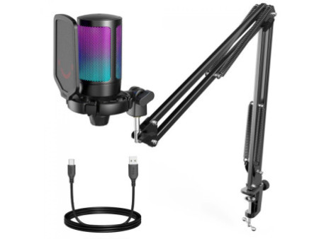 Microfone Gamer Fifine Ampligame A6T, RGB, USB, Black, Com Braço Articulado