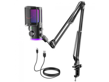 Microfone Gamer Fifine AmpliGame AM6T, Condensador, RGB, USB, Preto, Com Braço Articulado