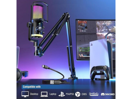 Microfone Gamer Fifine AmpliGame AM6T, Condensador, RGB, USB, Preto, Com Braço Articulado