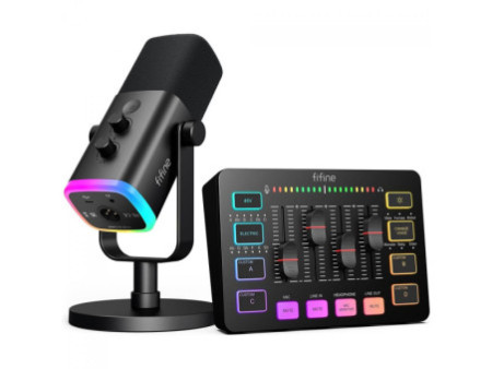 Kit Fifine Ampligame KS5 Streamer/Gamer, RGB, Com Microfone e Mixer de Áudio, XLR/USB, Preto