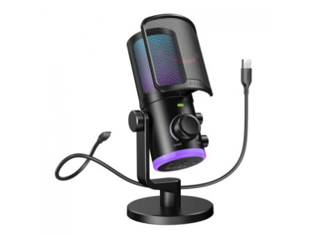 Microfone Gamer Fifine AmpliGame AM6, Condensador, RGB, USB, Preto