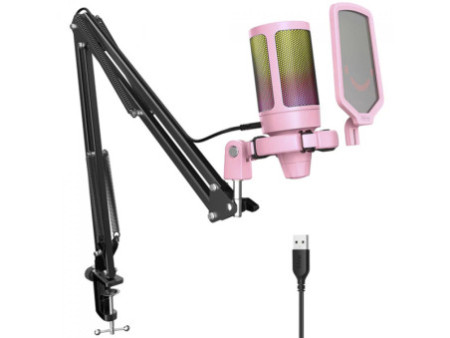 Microfone Gamer Fifine Ampligame A6T, RGB, USB, Pink, Com Braço Articulado