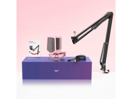 Microfone Gamer Fifine Ampligame A6T, RGB, USB, Pink, Com Braço Articulado