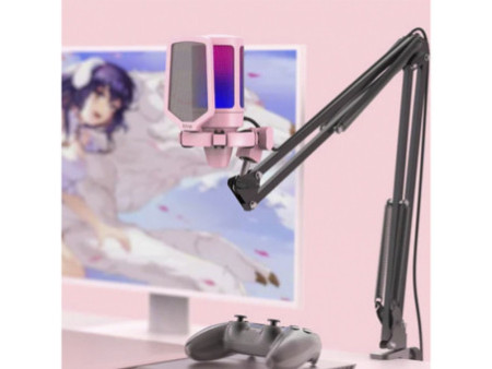 Microfone Gamer Fifine Ampligame A6T, RGB, USB, Pink, Com Braço Articulado