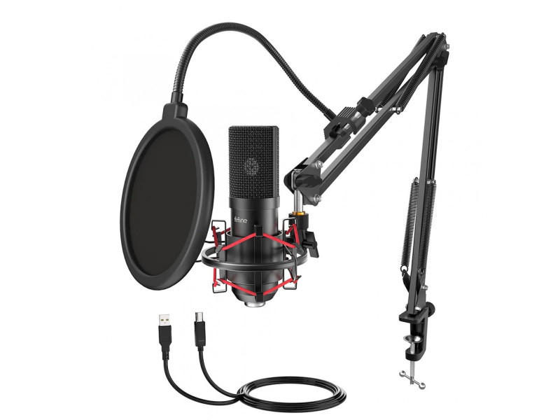 Kit de Microfone Condensador Fifine T732, USB, Black, Com Braço Articulado