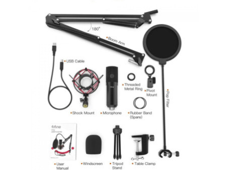 Kit de Microfone Condensador Fifine T732, USB, Black, Com Braço Articulado