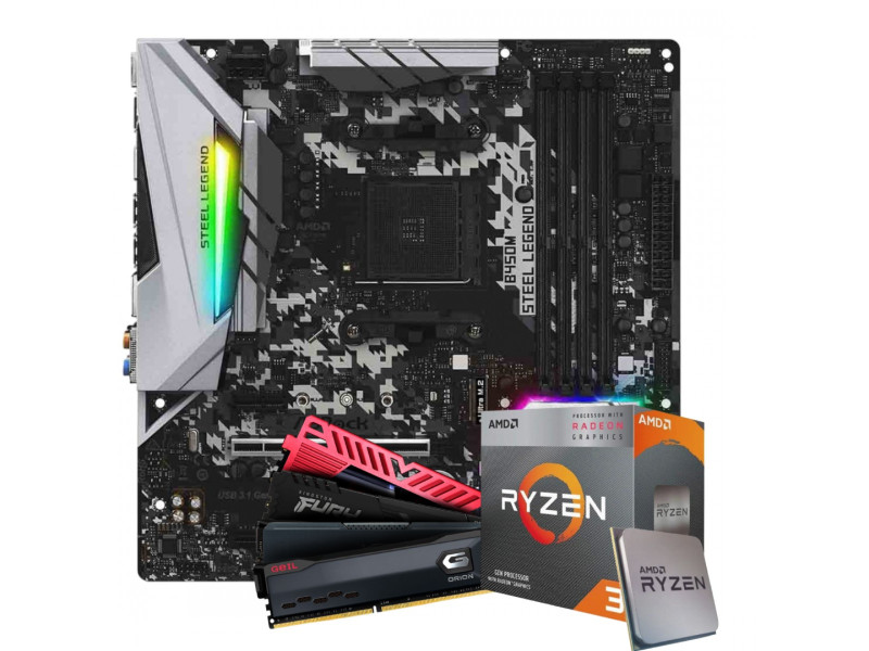 Kit Upgrade, AMD Ryzen 3 5300G, Placa Mãe ASRock B450M Steel Legend, Memória 16GB DDR4